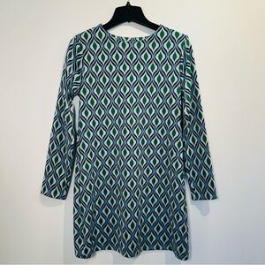 Retro Geometric Print Knit Dress – Blue & Green Pattern